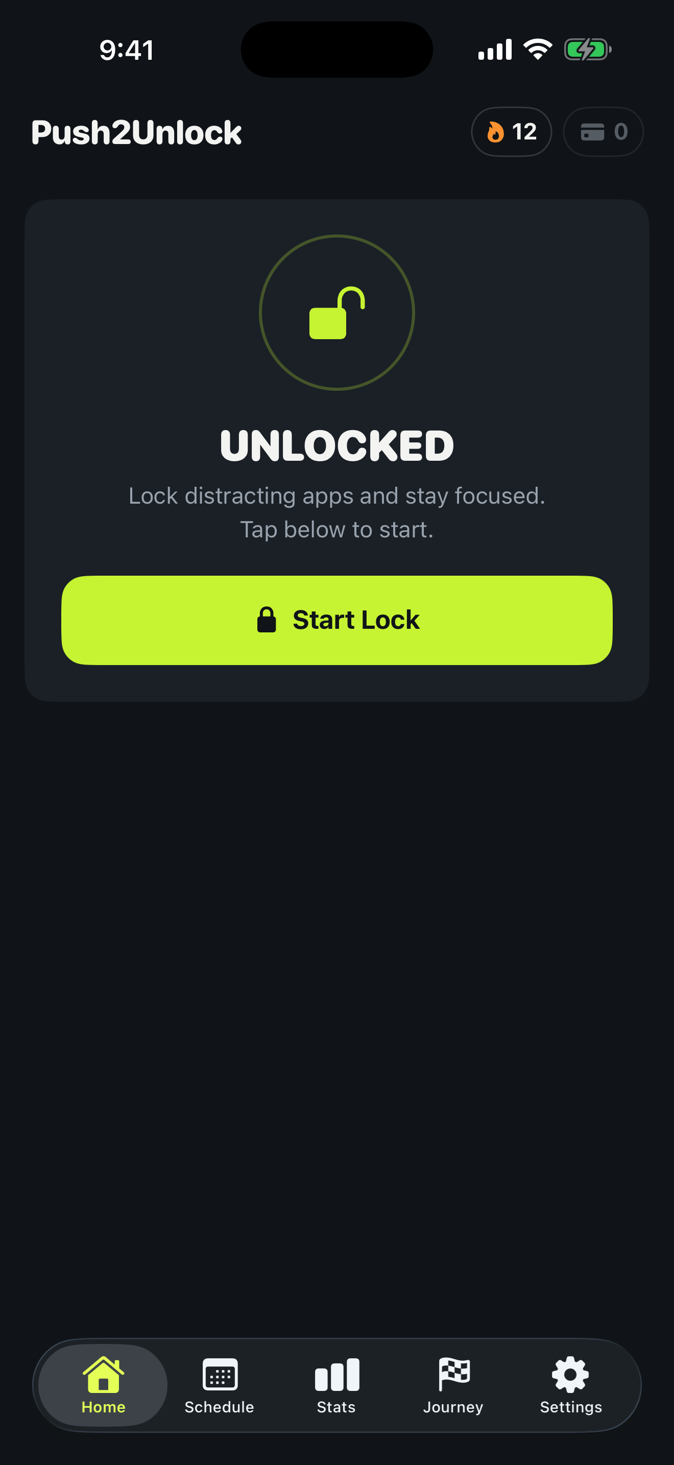 Push2Unlock home screen with a one-tap Start Lock button