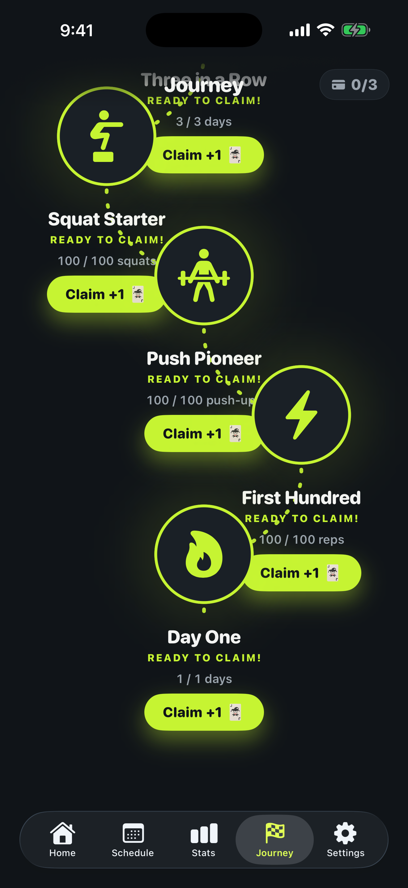 Journey screen with achievements to claim as you build the habit